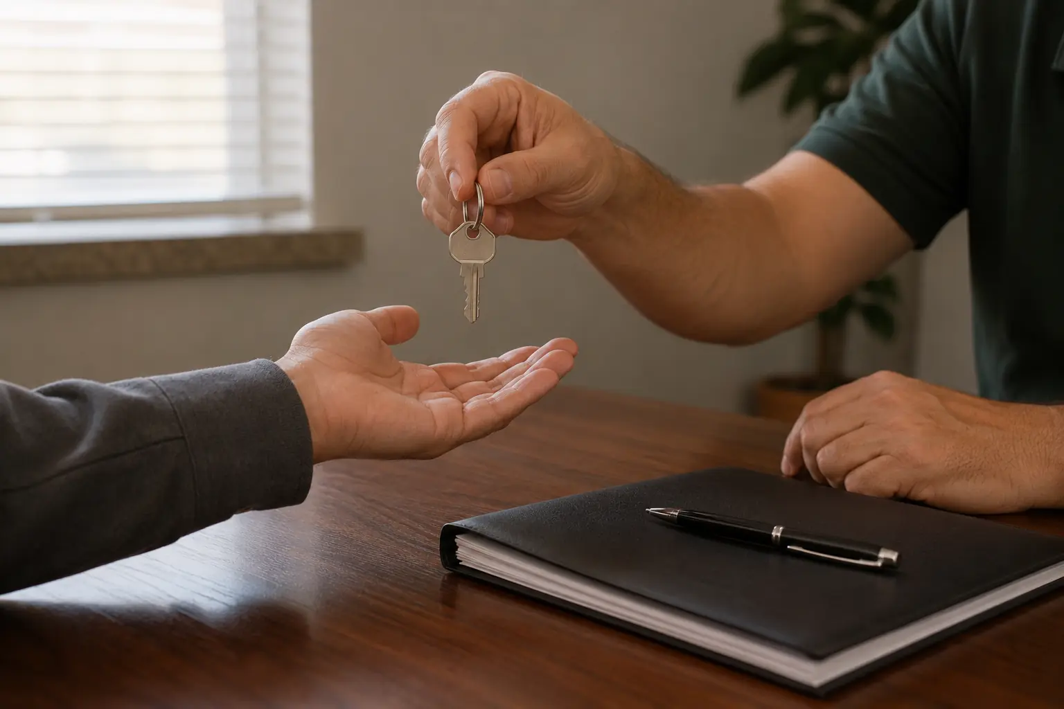 House key being handed across a desk at a title company closing