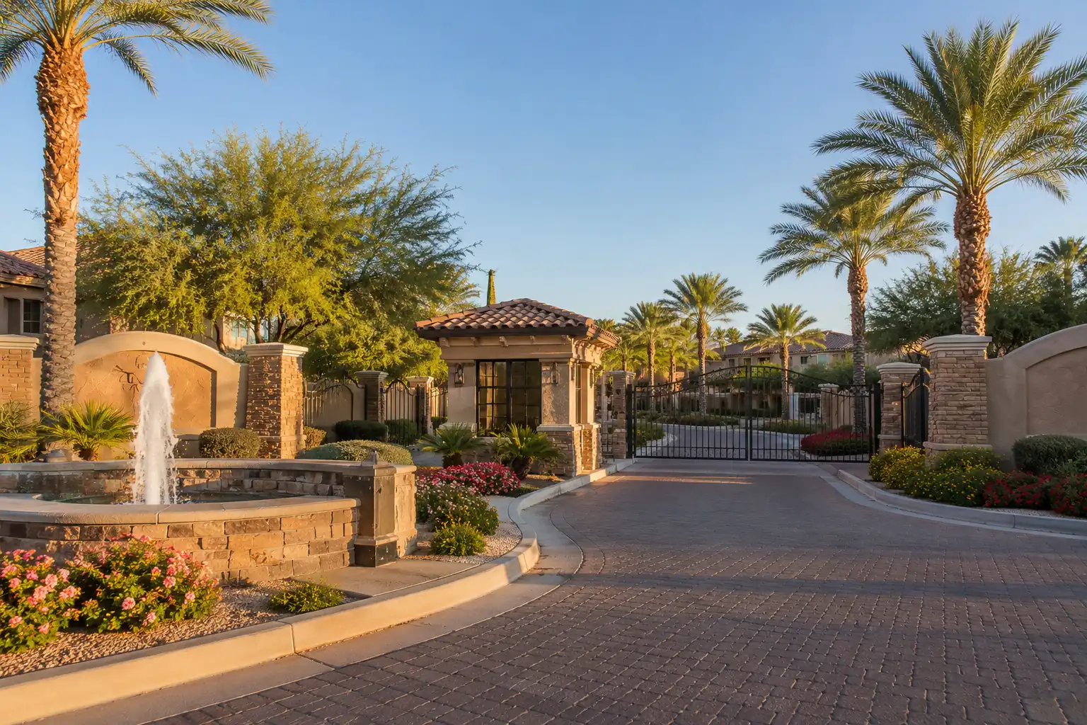 Gated community entrance with fountain and palm trees in Maricopa, Arizona