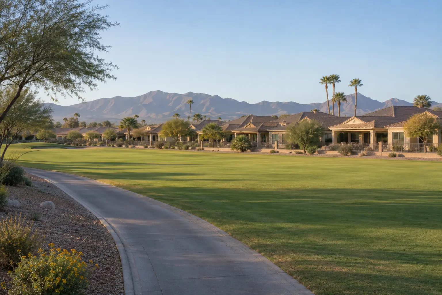 Golf-course fairway lined with single-story homes in Maricopa, Arizona