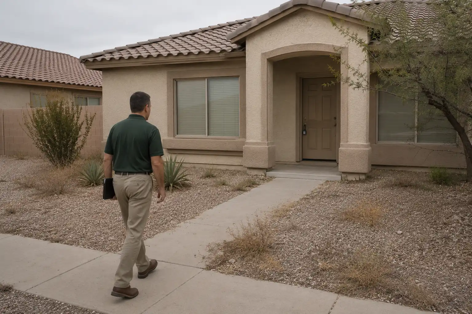 Home buyer walking up to a vacant single-story home in Maricopa, Arizona
