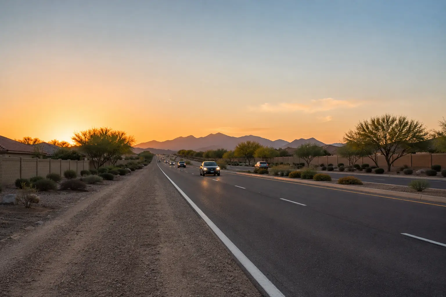 Divided highway heading toward desert mountains at sunset near Maricopa, Arizona