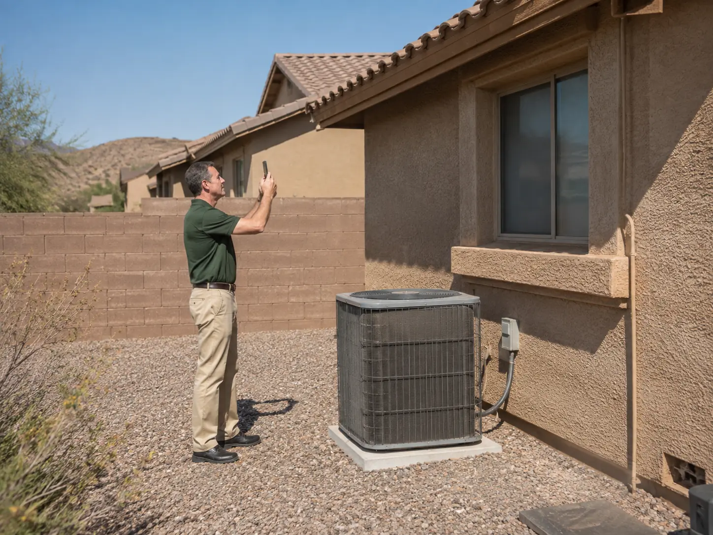 Home buyer photographing the roofline and air-conditioning unit of a stucco home in Maricopa, Arizona