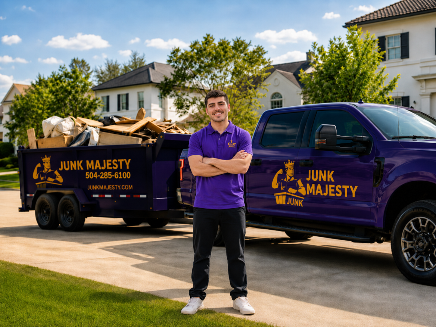 Justin Amiraslani, owner of Junk Majesty, standing with the team truck and trailer