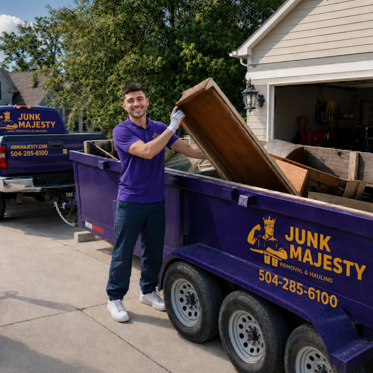 Justin loading wood furniture into the Junk Majesty trailer