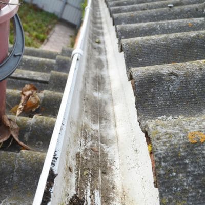 Gutter covered in dirt and leaves