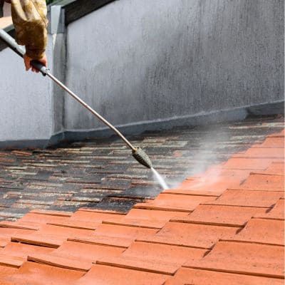 roof during pressure washing process