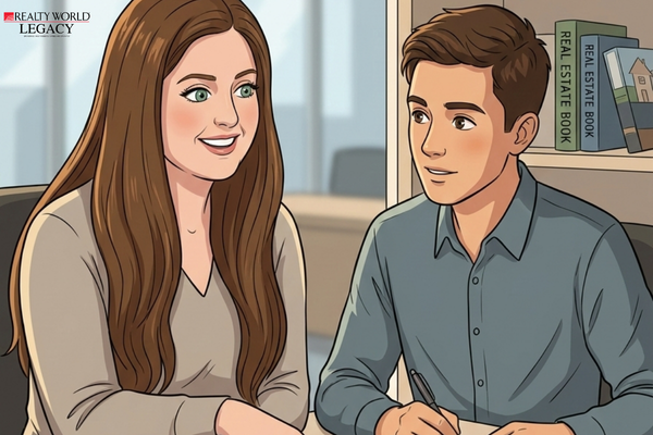 Real estate broker mentoring an agent and reviewing documents together in a collaborative office environment