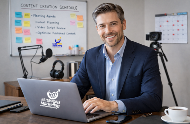 Watersports Owner doing marketing on Laptop