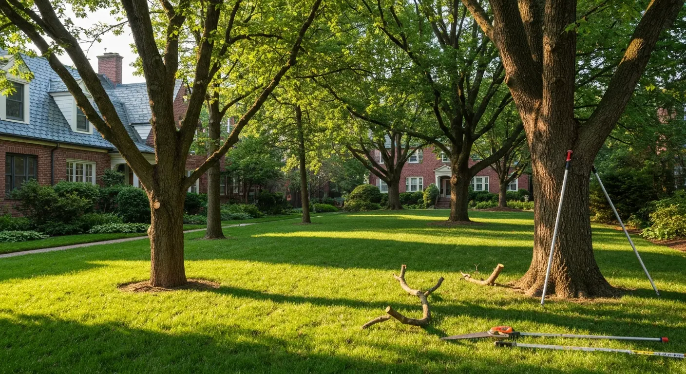 Shaded lawn area under mature trees