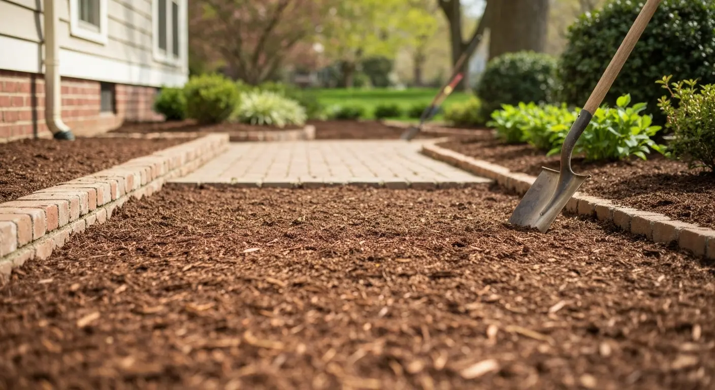 Fresh mulch installation in residential landscape