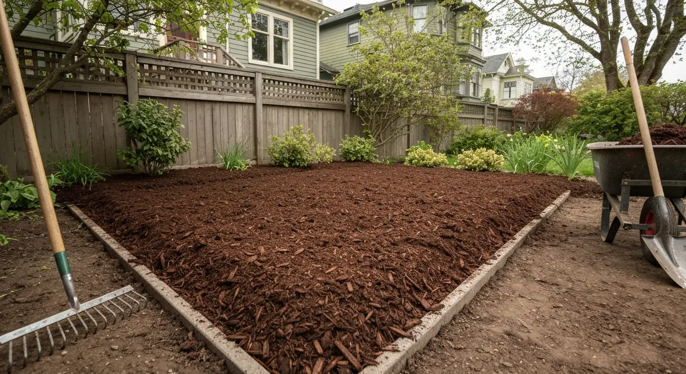 Mulch installation in garden bed