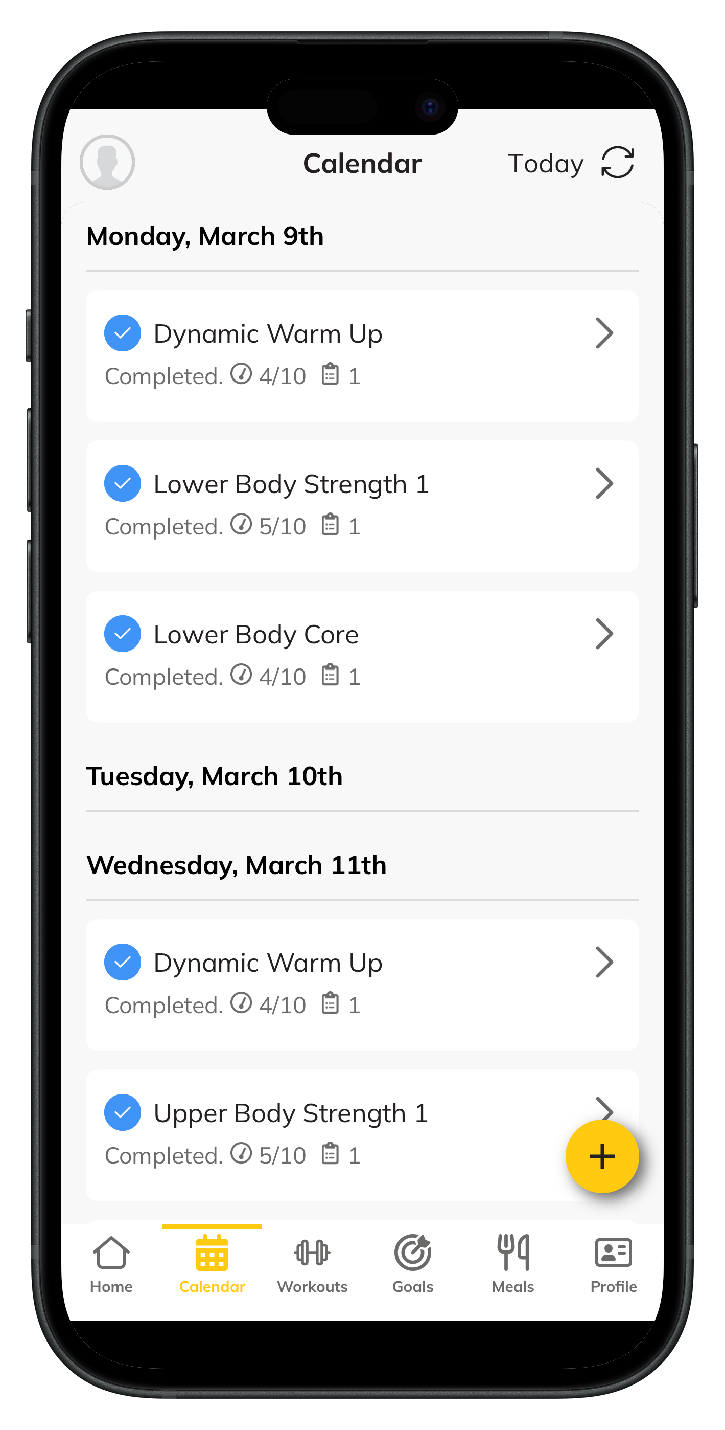 Base Builder weekly training calendar in the Trainerize app