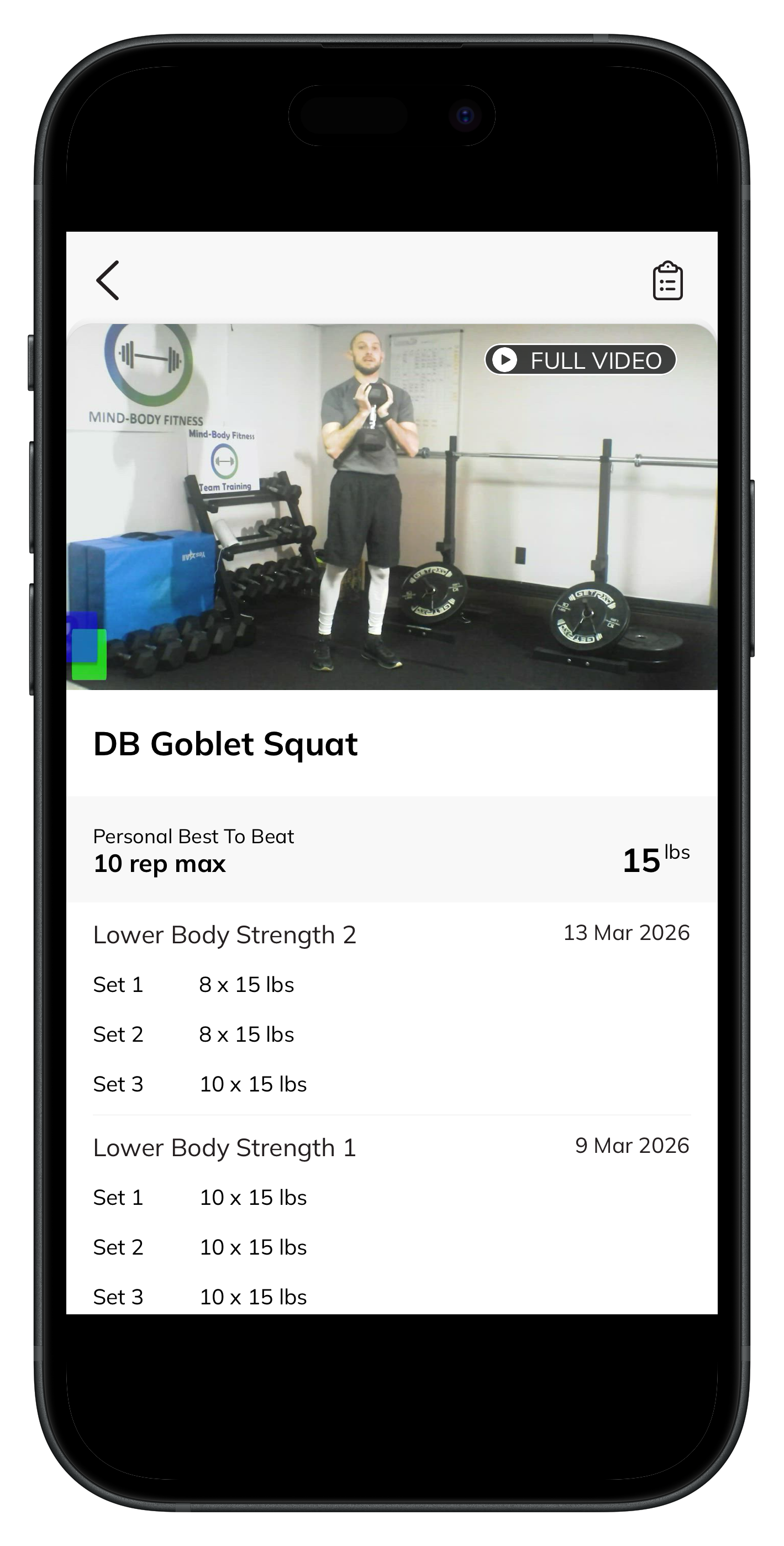 Exercise tracking view with set-by-set logging