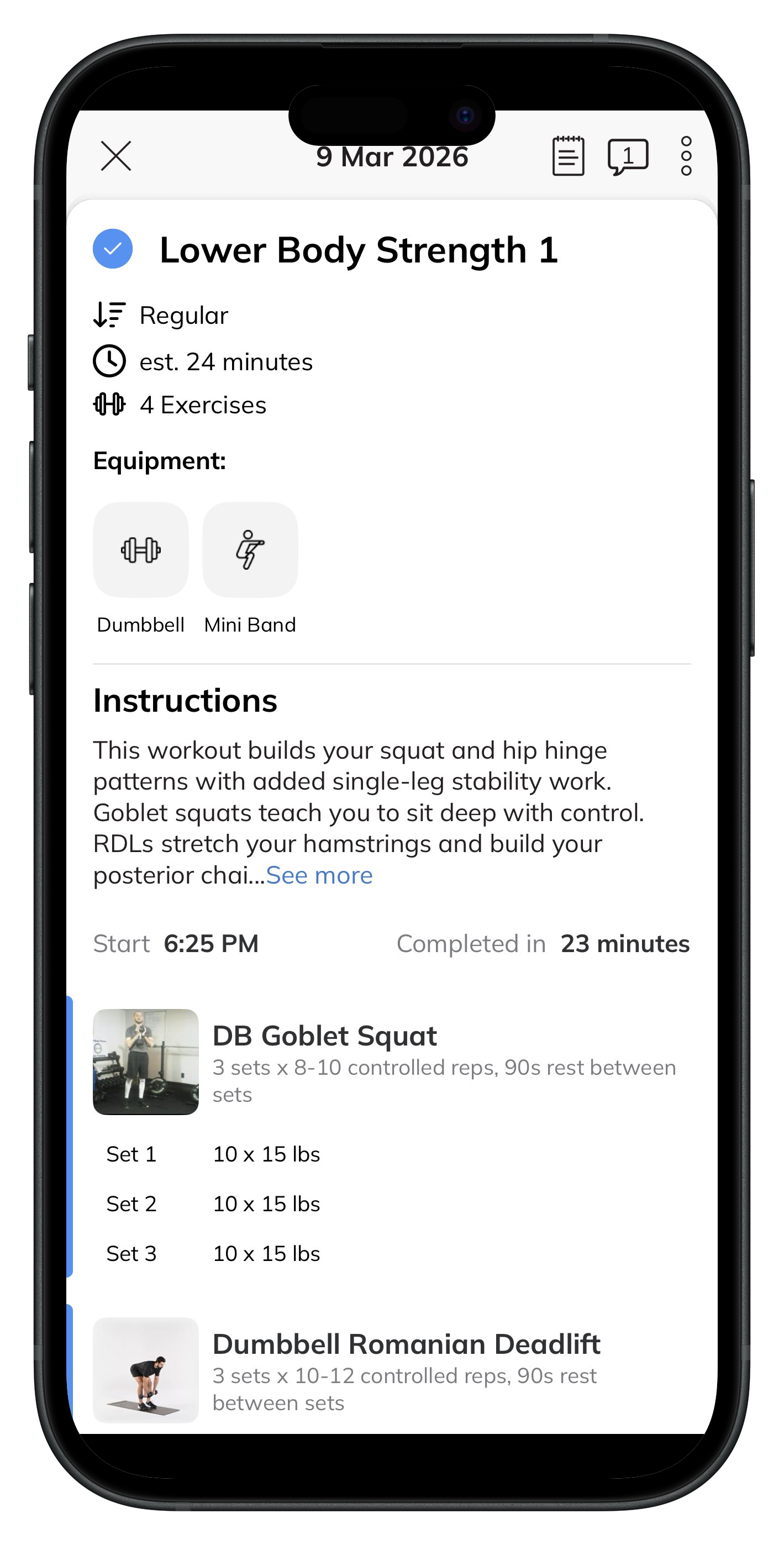 Completed workout view with logged sets and reps