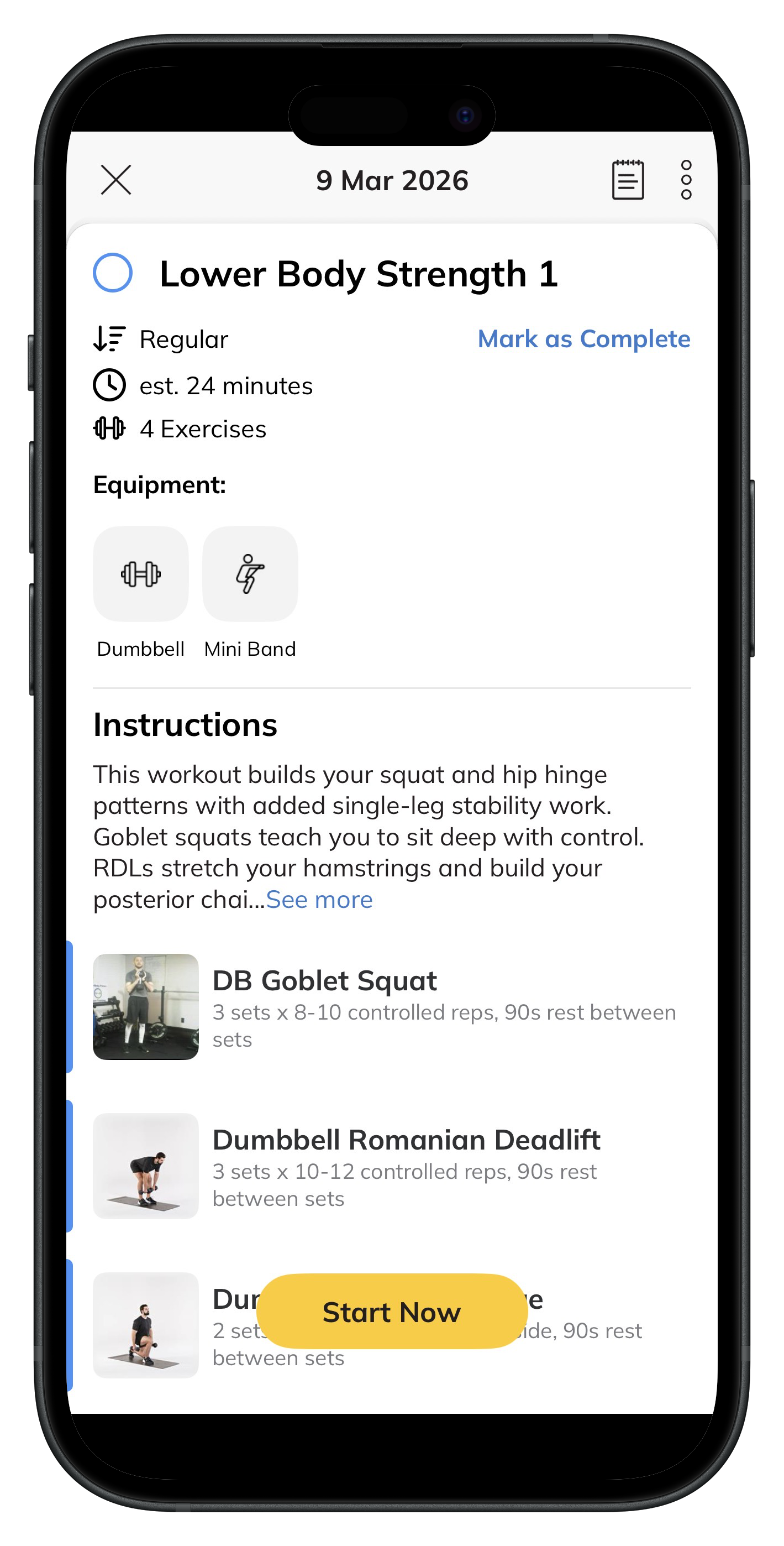 Workout module with exercises, equipment notes, and demo videos