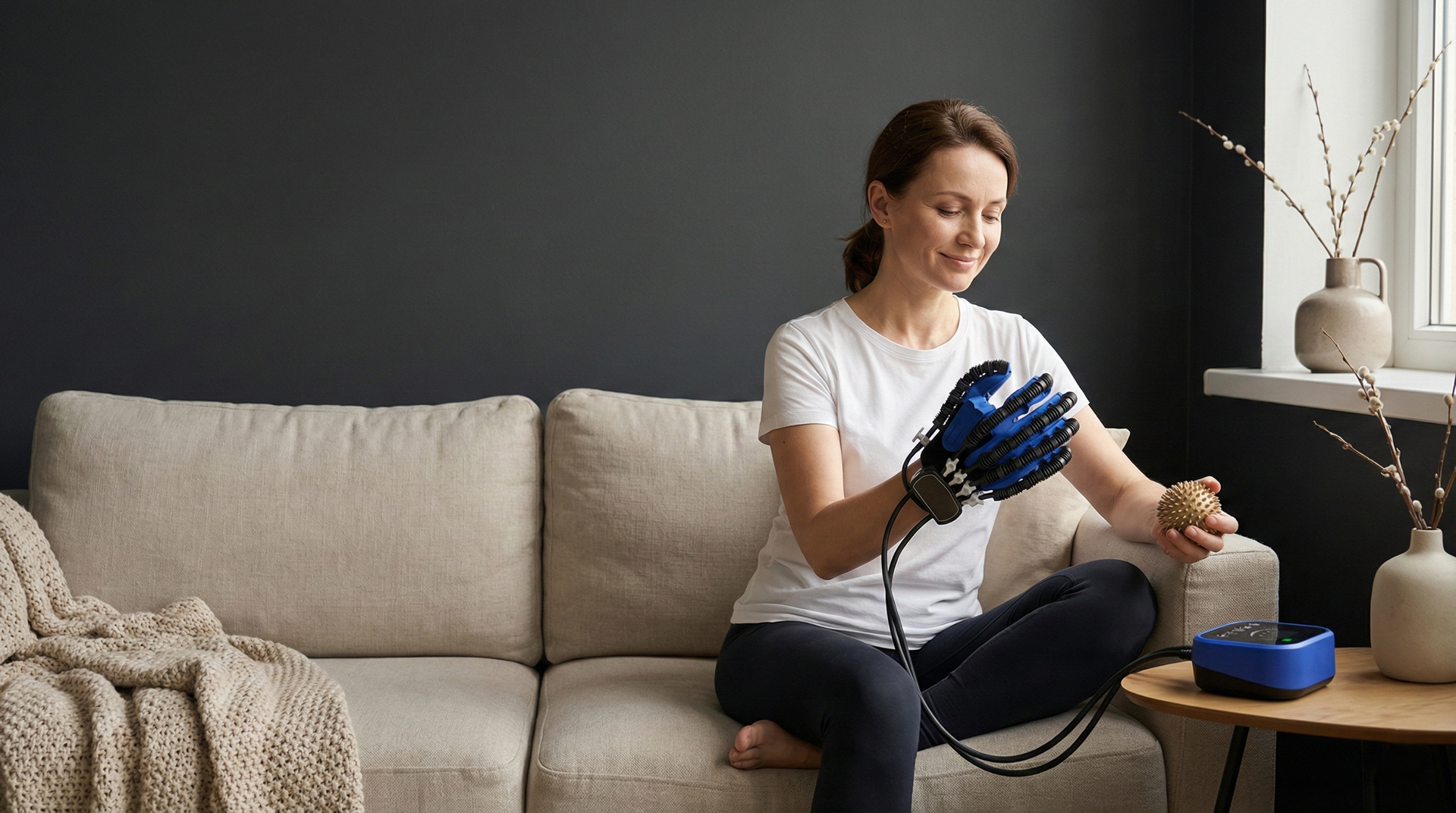 Stroke survivor with left-sided weakness using a robotic rehabilitation glove to perform gentle arm and hand exercises, demonstrating safe movement, neuroplasticity, and stroke recovery at home