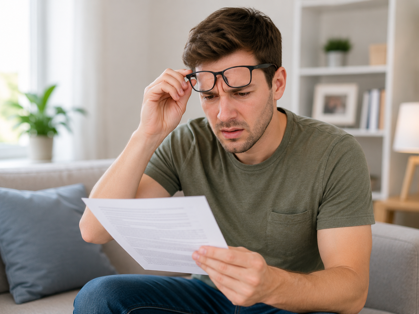 Young man experiencing stroke-related vision problems while reading a document at home, illustrating visual changes after stroke