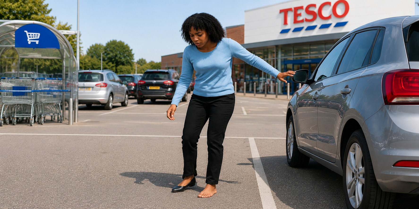 Stroke survivor struggling to walk across a supermarket car park due to foot weakness and balance problems after stroke