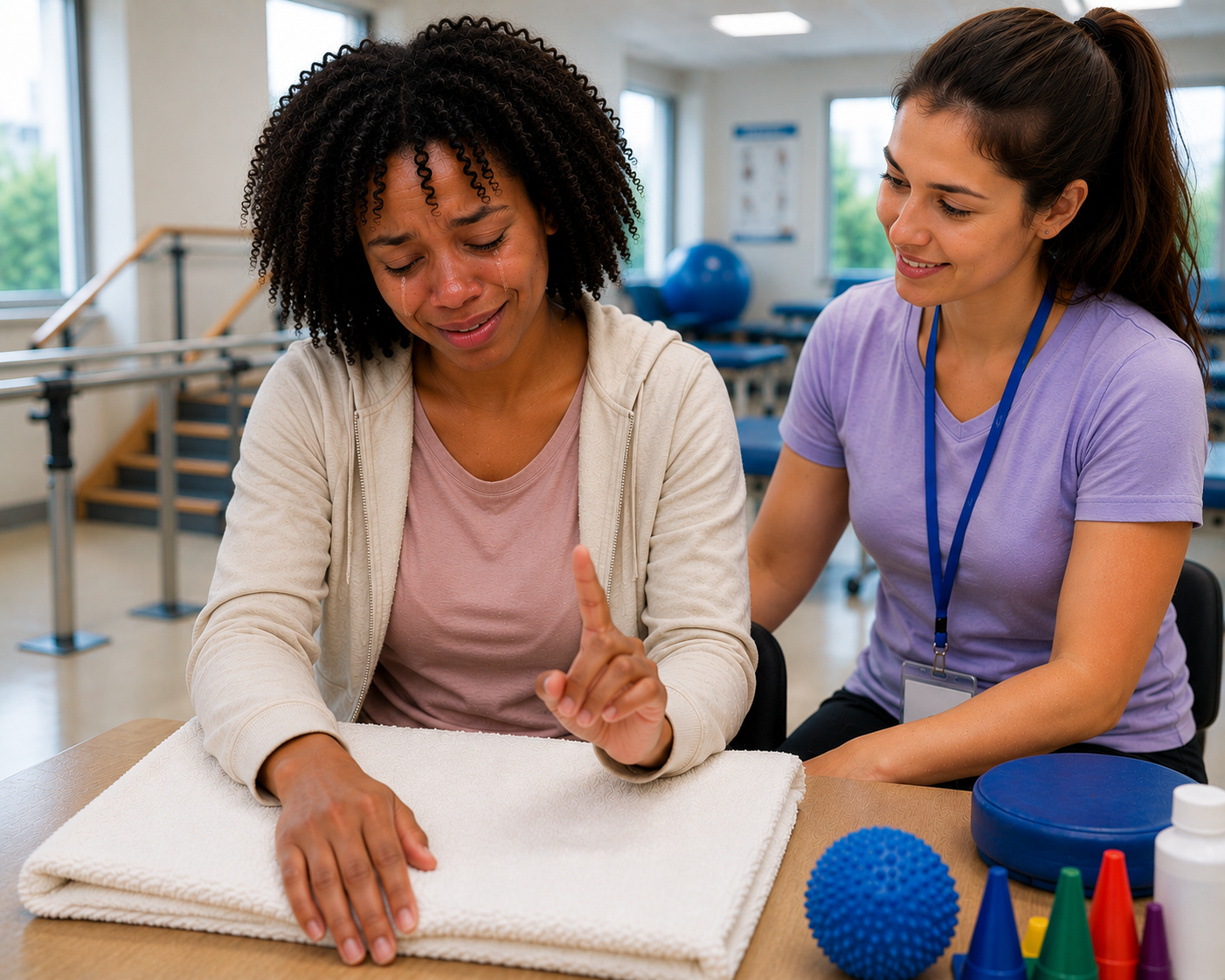 Young stroke survivor crying tears of happiness during hand rehabilitation after regaining finger movement with her occupational therapist.