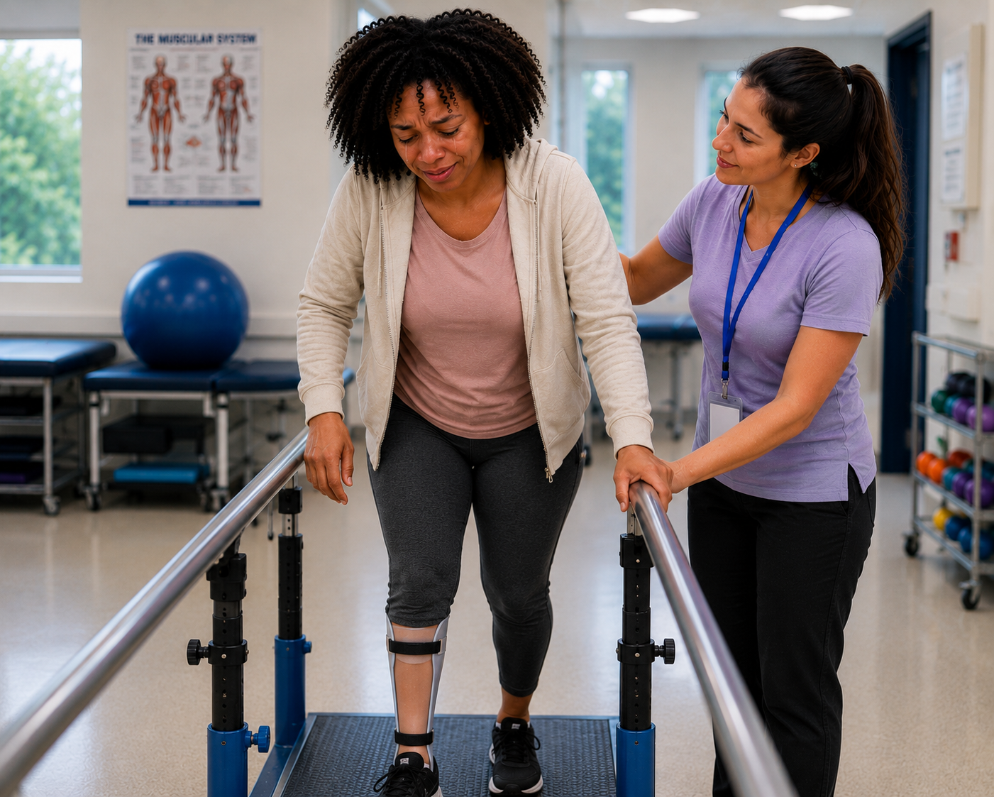 Stroke survivor learning to walk again with an AFO brace during physiotherapy after stroke rehabilitation.