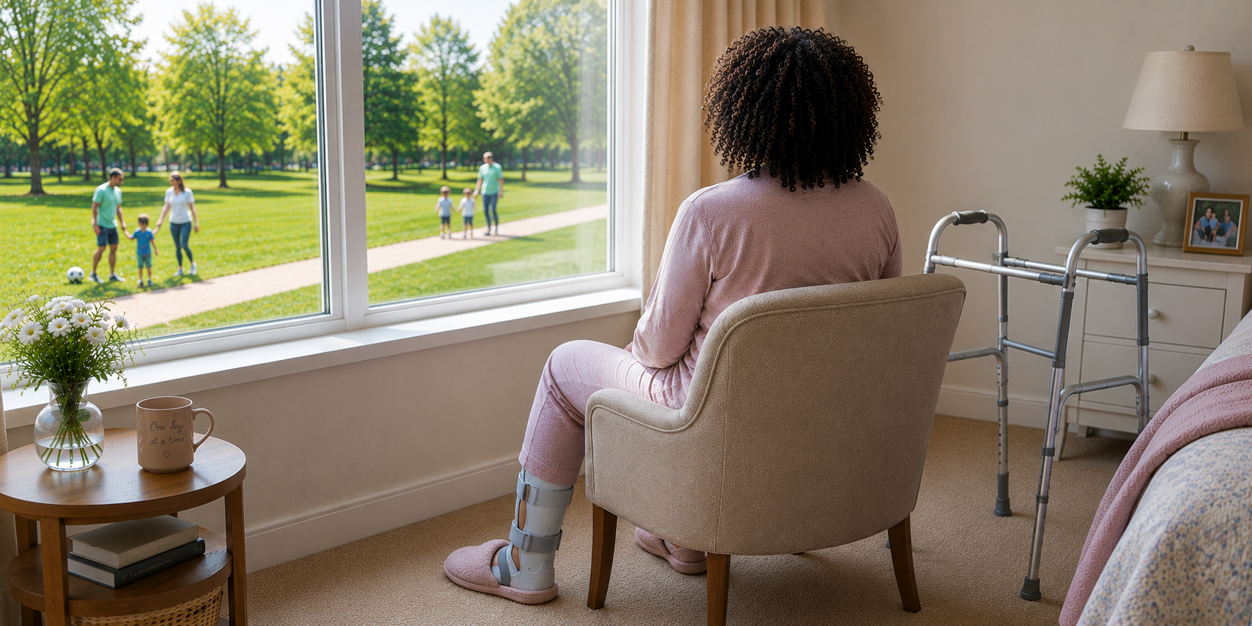 Stroke survivor one year after stroke with little progress, sitting by a window watching life outside during long-term stroke recovery.