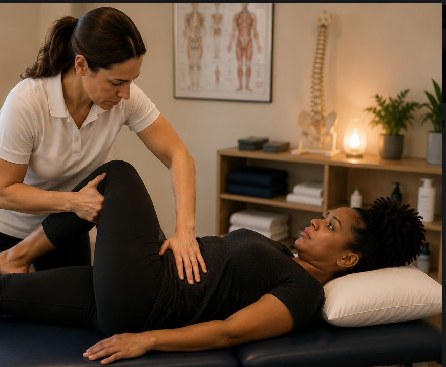 Physiotherapist treating hip drop after stroke using manual therapy to improve pelvic alignment, walking and balance during stroke rehabilitation.