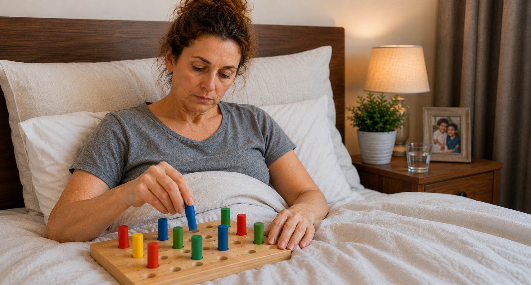Stroke survivor in bed using a wooden peg therapy board to improve hand function, finger dexterity and fine motor skills during stroke rehabilitation at home.