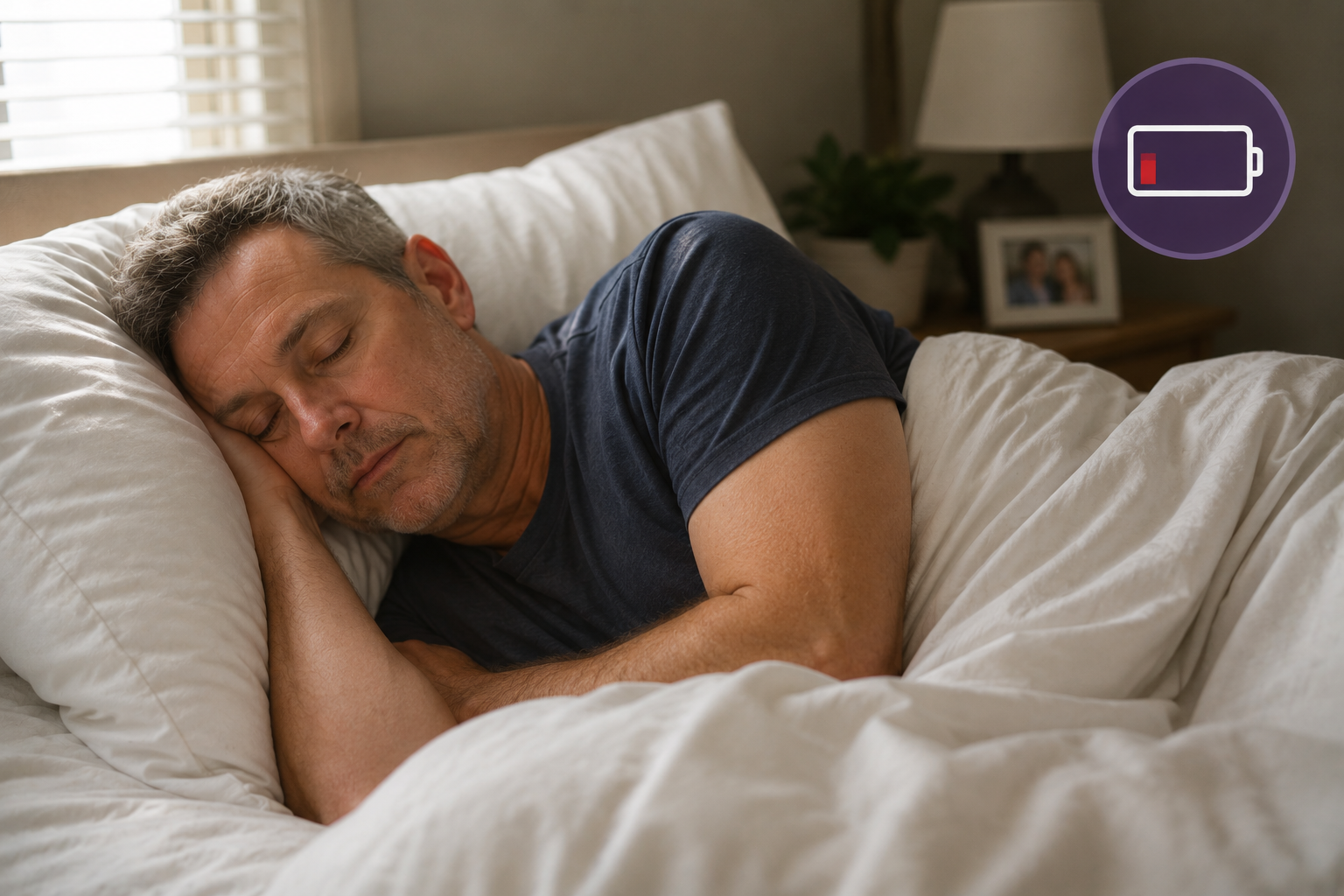 Stroke survivor sleeping during the day with a low battery symbol, illustrating neurological fatigue after stroke and highlighting that post-stroke exhaustion is caused by brain injury, not personal weakness.