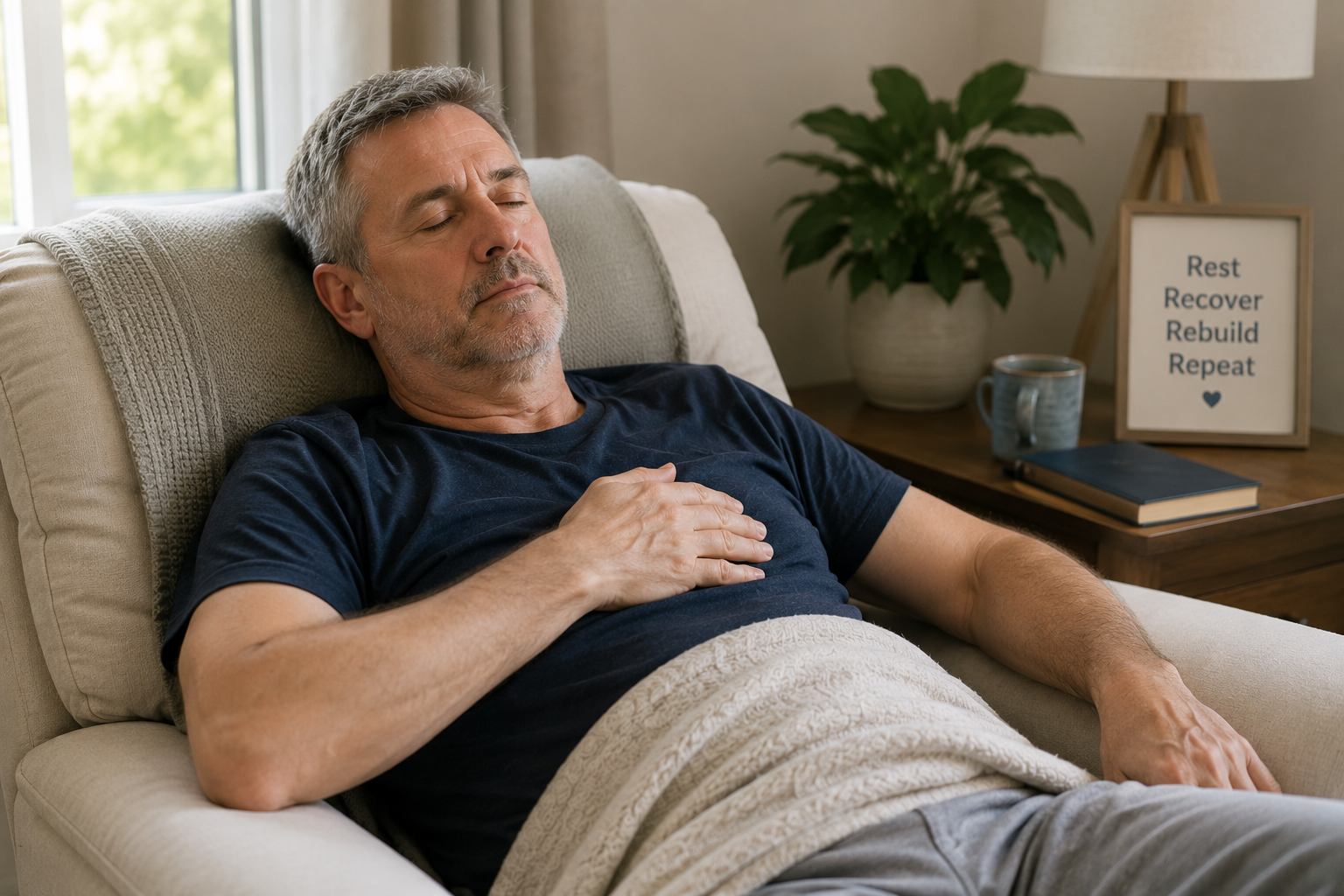 Middle-aged stroke survivor resting peacefully in a chair at home, illustrating the importance of pacing, planned rest, energy conservation, and recovery from post-stroke fatigue during rehabilitation.
