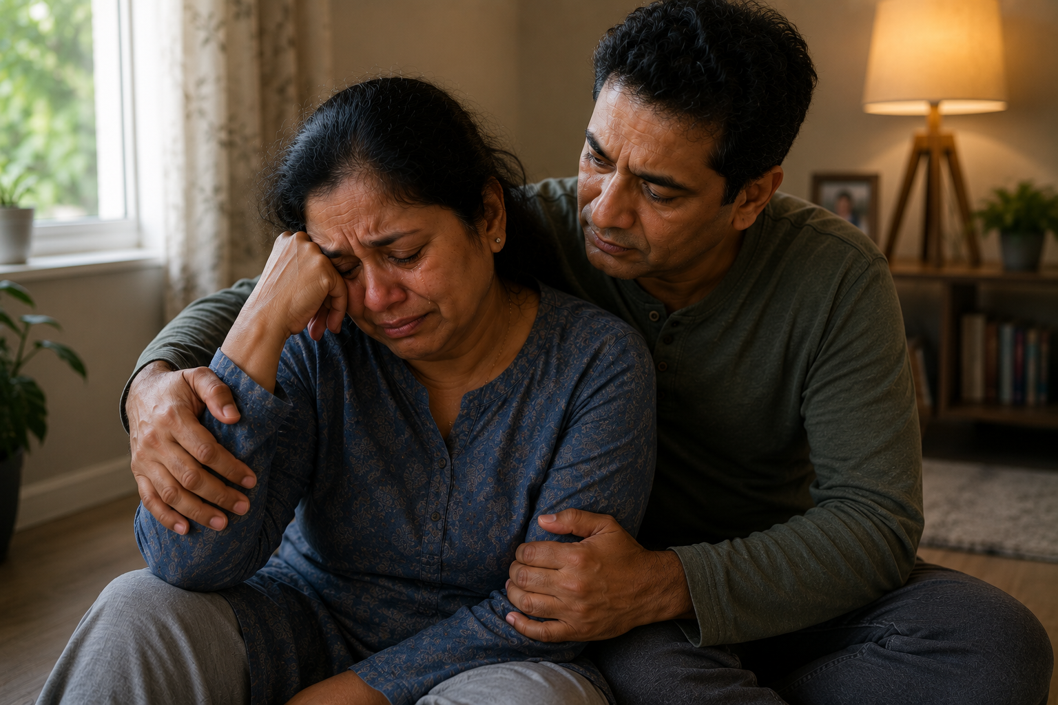 Indian stroke survivor crying while being comforted by her partner at home, illustrating the emotional changes, grief, anxiety, and mental health challenges that can occur during stroke recovery