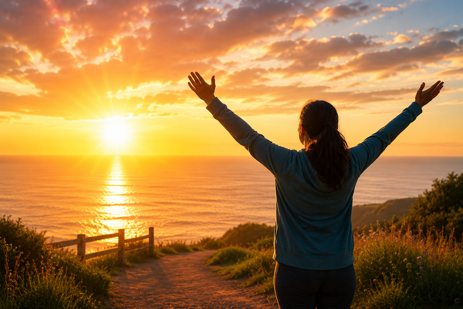 Golden sunrise over the ocean symbolising hope after stroke, new beginnings, healing, resilience, recovery, and life beyond stroke, with a survivor embracing a brighter future