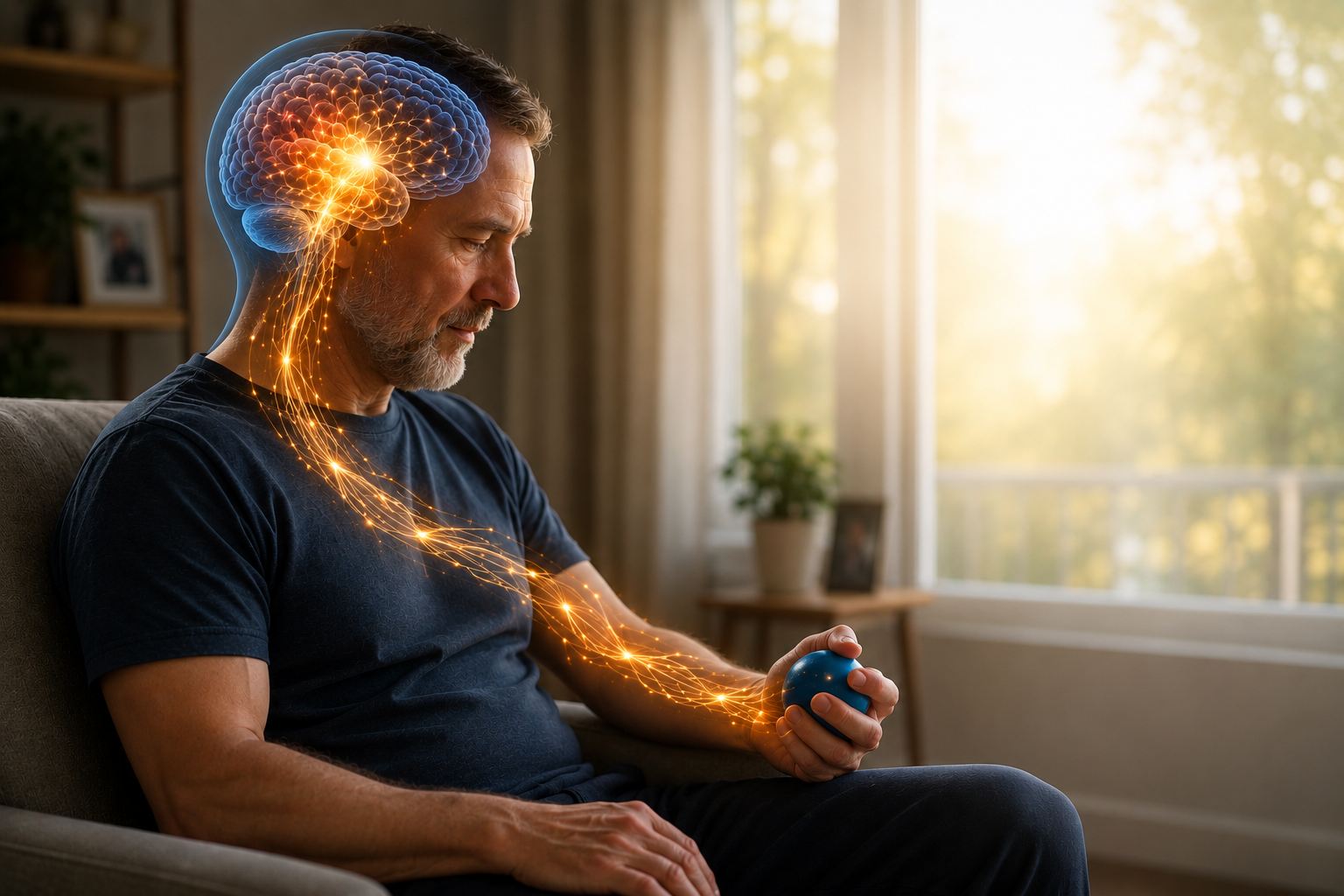Illustration of neuroplasticity after stroke showing glowing neural pathways connecting the brain to the hand during rehabilitation, demonstrating how repetitive movement helps the brain create new connections and improve recovery.