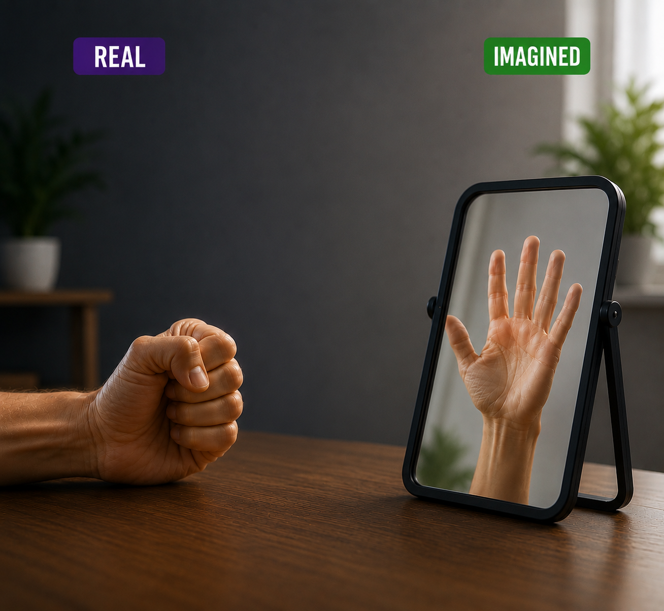 Split image showing a clenched stroke-affected hand in real life beside an imagined open hand in a mirror, illustrating motor imagery, visualisation therapy, neuroplasticity, and stroke rehabilitation.