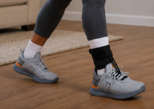 Stroke survivor performing foot drop rehabilitation exercises to stimulate neuroplasticity, strengthen ankle dorsiflexion, improve foot clearance, and rebuild brain-to-muscle connections for better walking after stroke.