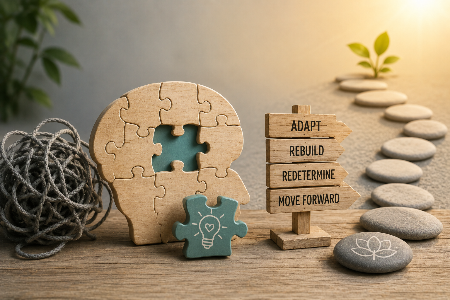 Conceptual illustration of life after stroke featuring a brain-shaped puzzle with a missing piece, tangled rope symbolizing confusion, stepping stones leading toward new growth, and a signpost representing adaptation, recovery, resilience, and hope after stroke.