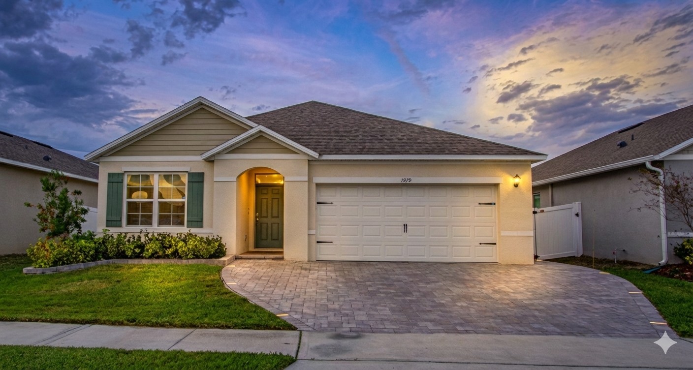 AI-enhanced twilight view of a single-story home with green shutters
