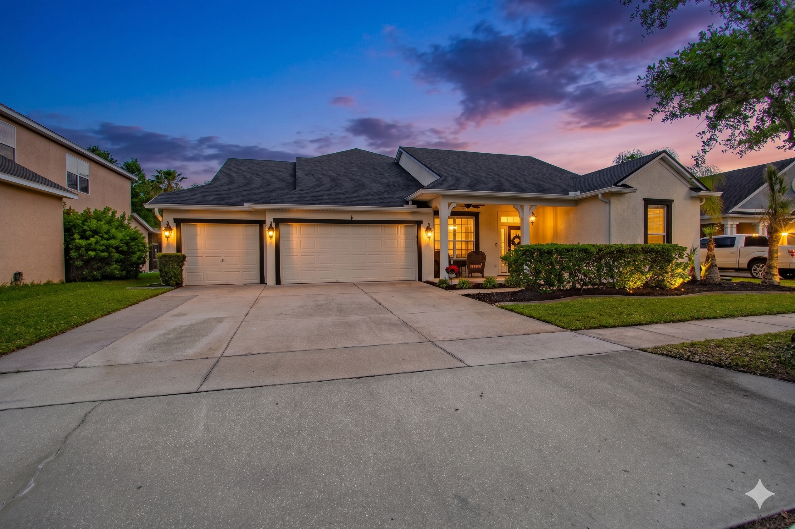 AI-enhanced twilight view of a home with a covered porch and three-car garage