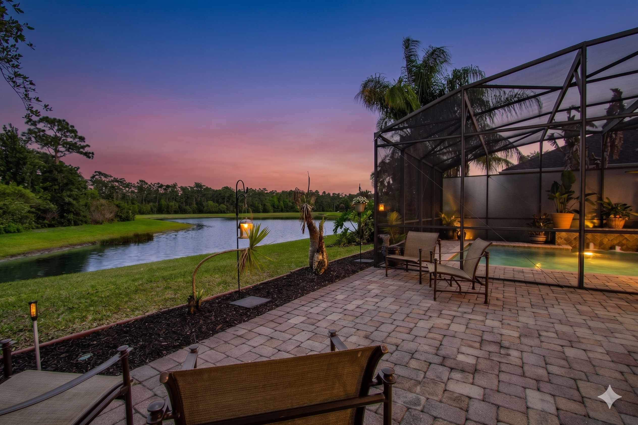 AI-enhanced twilight view of a lakeside patio and screened swimming pool