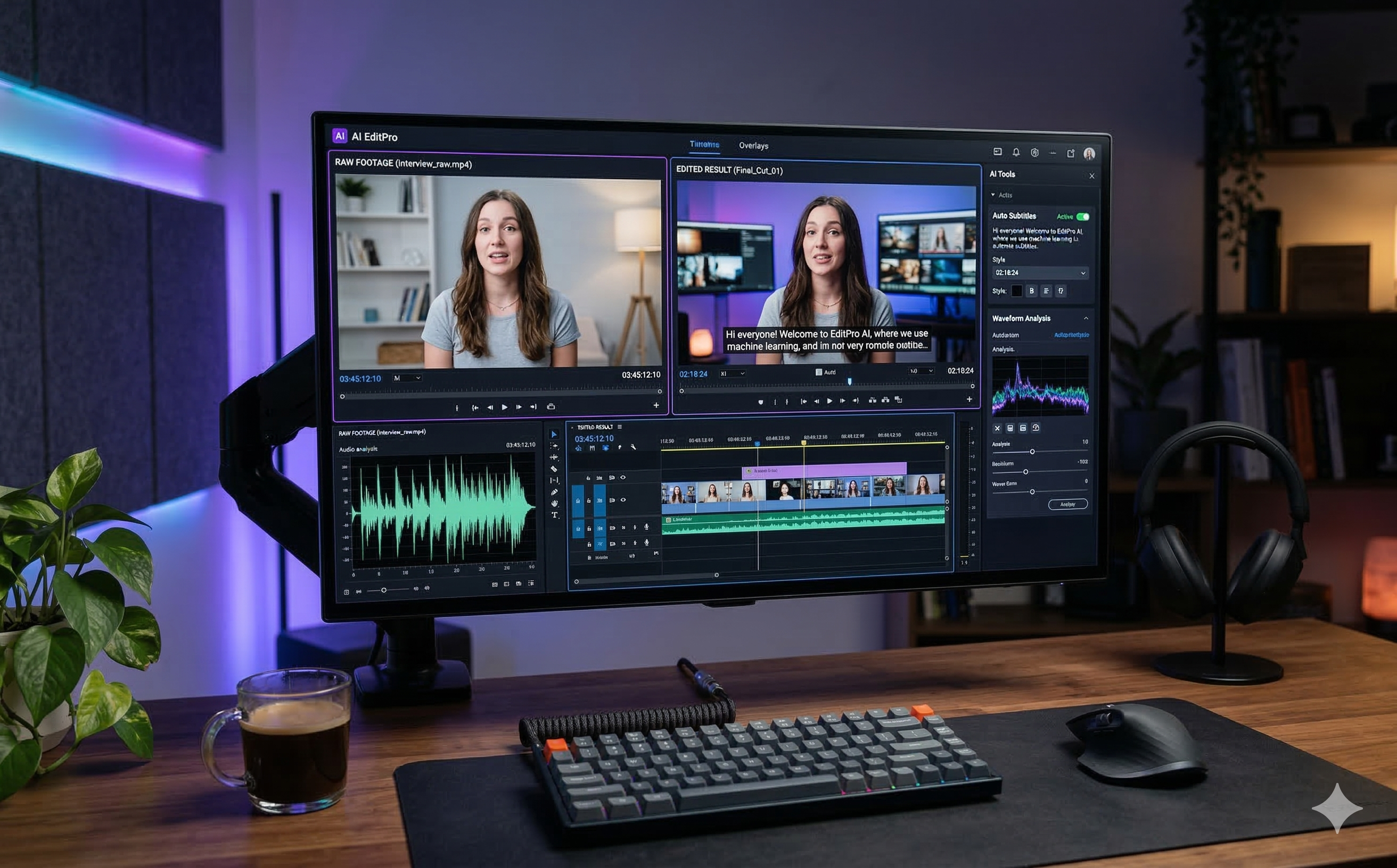 Interface d'outil IA de montage vidéo avec sous-titrage automatique