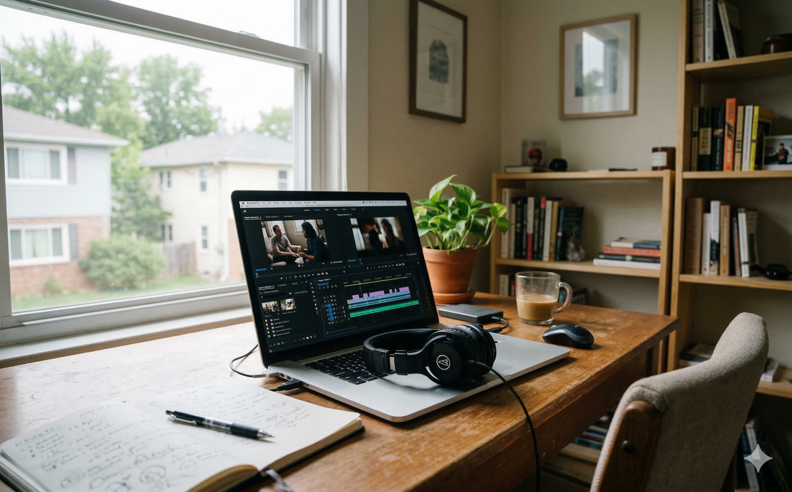 Setup laptop de montage vidéo épuré avec casque audio