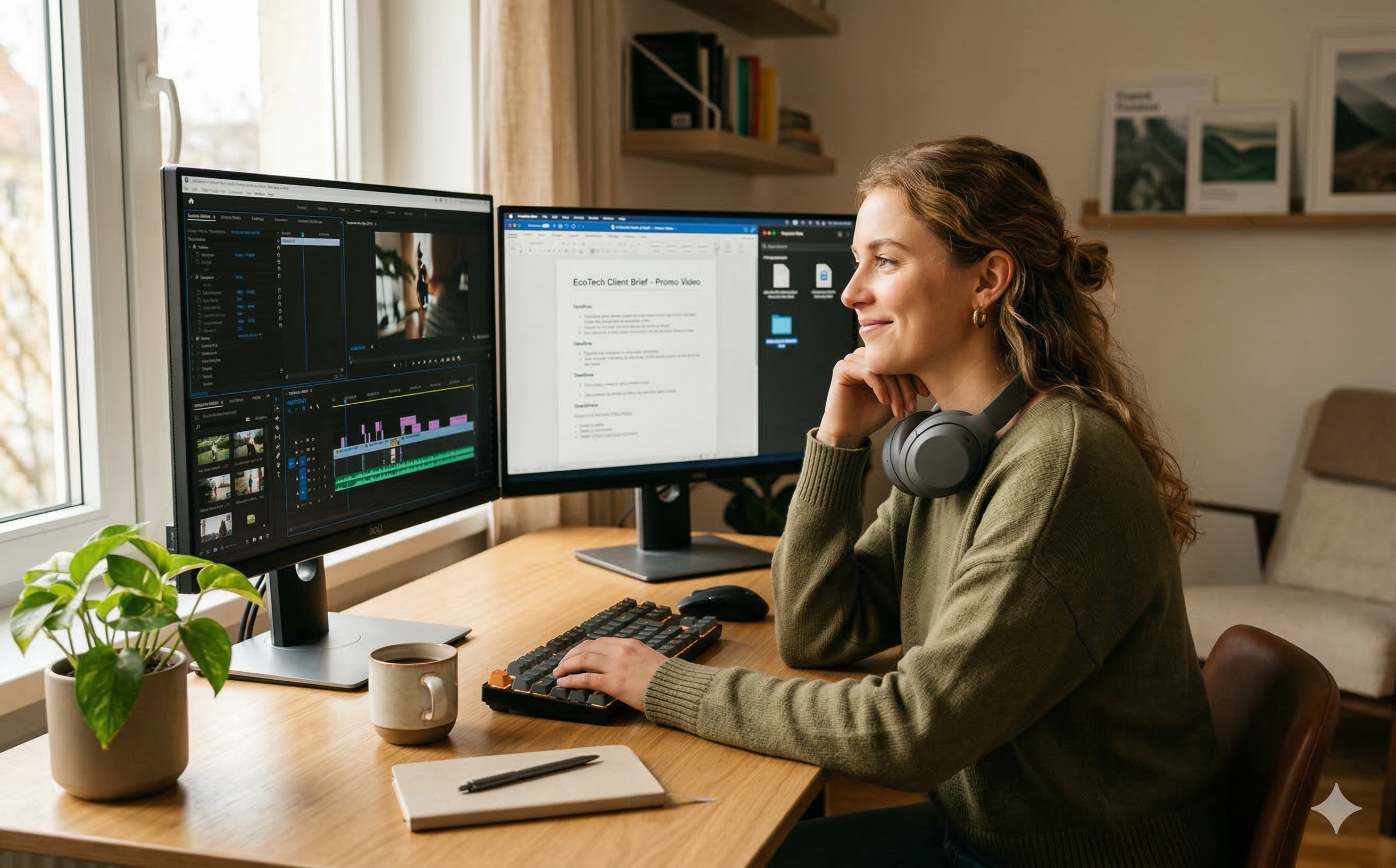 Monteuse vidéo freelance travaillant sur des projets clients