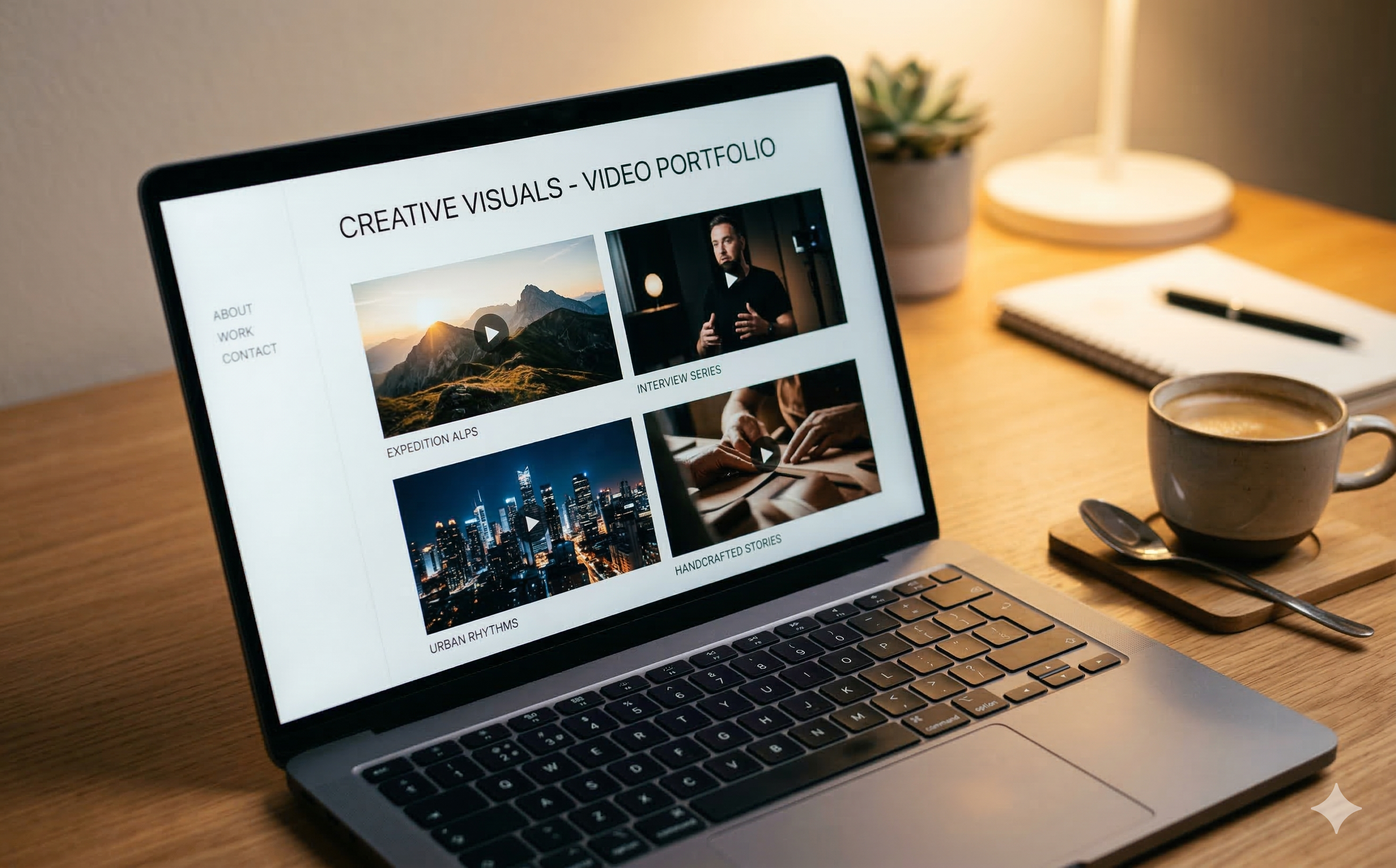 Portfolio de monteur vidéo avec miniatures de projets sur un écran