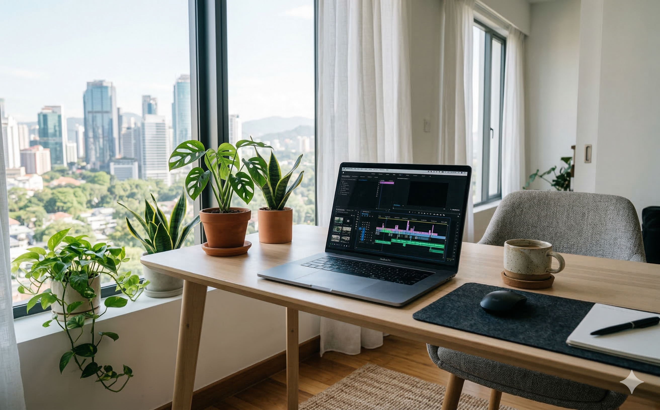 Setup de travail minimaliste dans un appartement à l'étranger