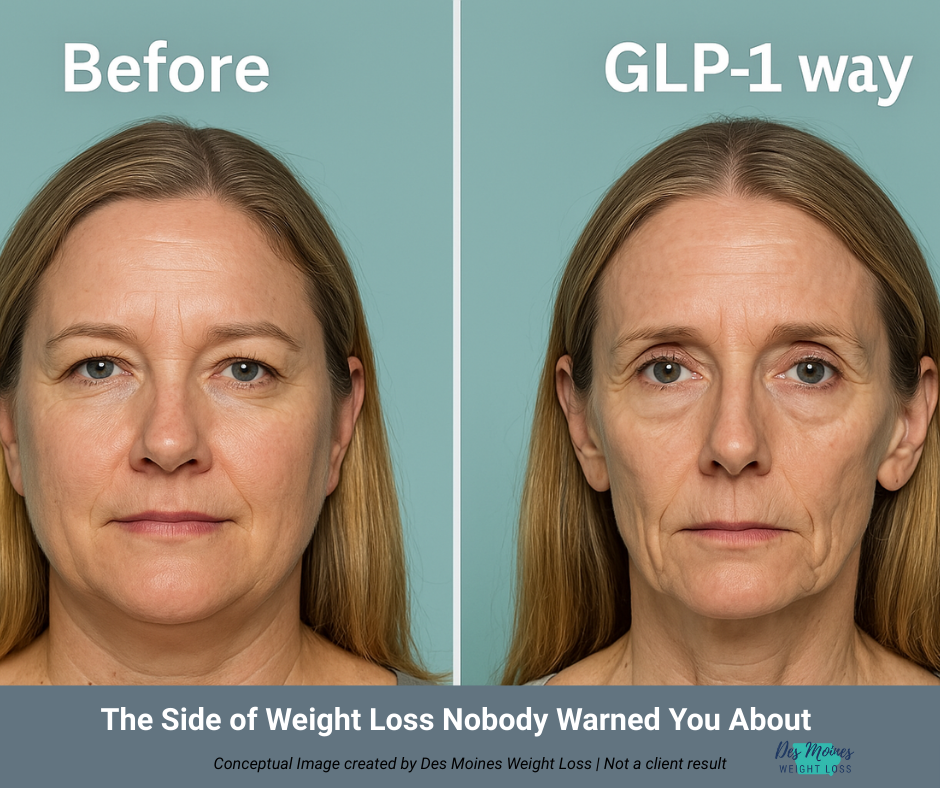 “Visual comparison of facial tone before and after rapid GLP-1 medication weight loss”