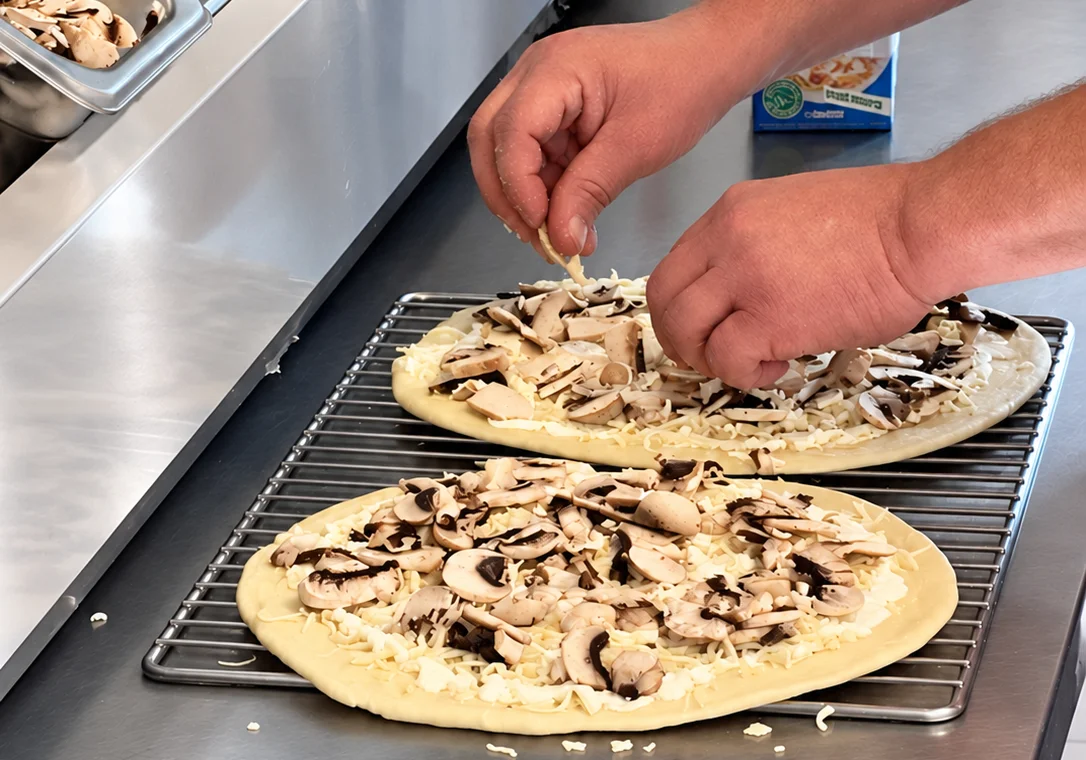 Ruční výroba Fary pizzy – skládání žampionů na těsto