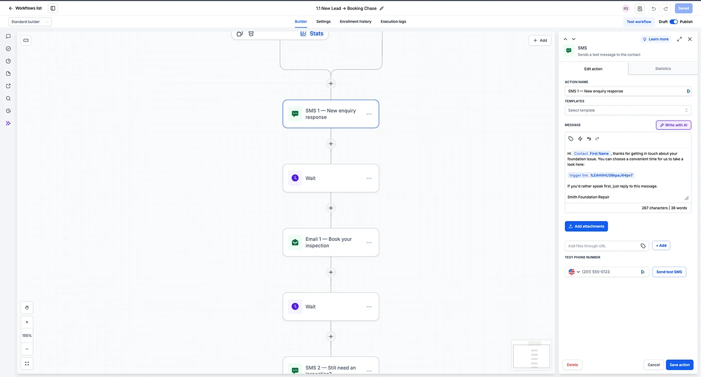 GoHighLevel workflow showing lead follow-up and inspection booking automation