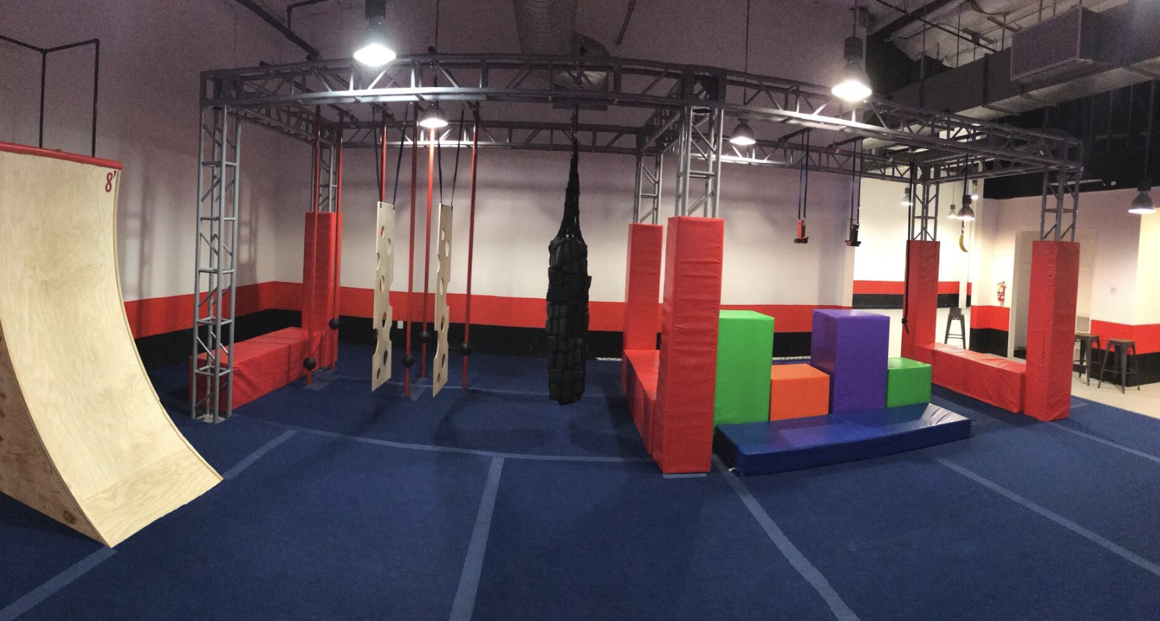 Indoor ninja warrior obstacle course at Ninja Republic in San Mateo California