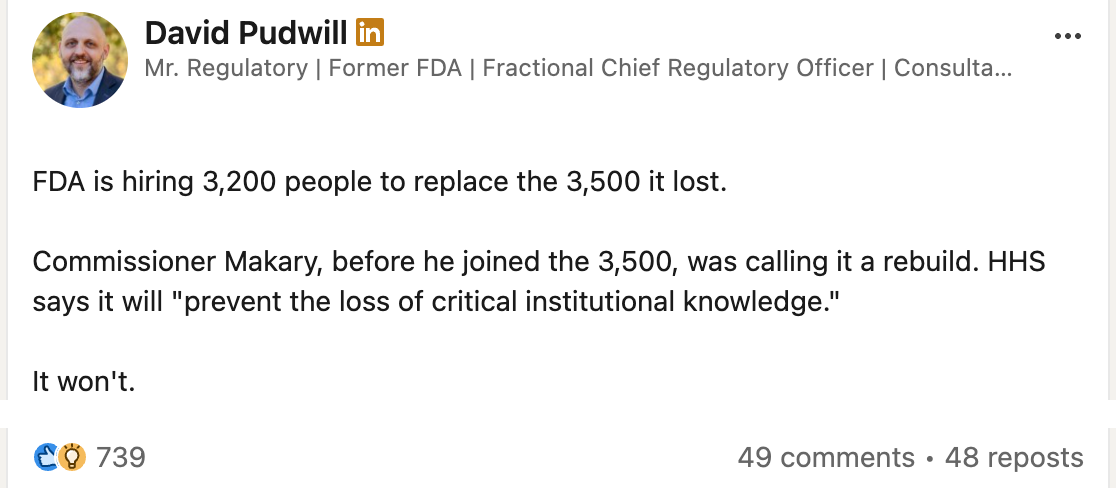 David Pudwill’s LinkedIn post: “FDA is hiring 3,200 people to replace the 3,500 it lost.” 739 reactions, 49 comments and 48 reposts.