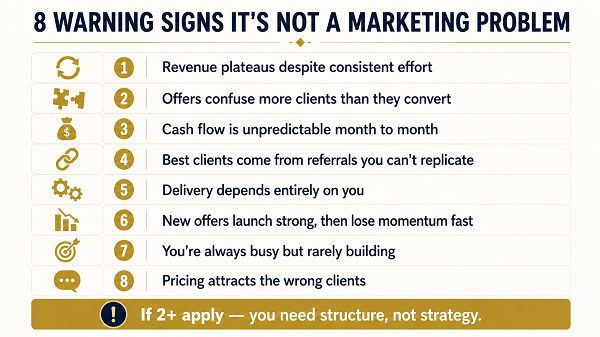 Infographic titled "8 Warning Signs It’s Not a Marketing Problem," listing operational challenges that indicate a need for business structure over strategy.