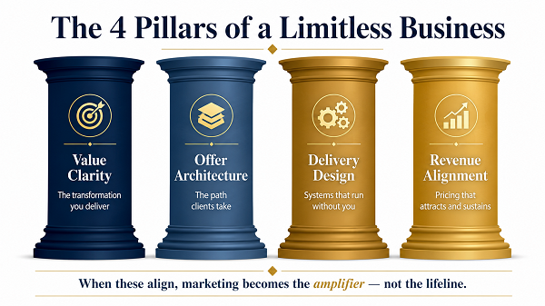Infographic titled "The 4 Pillars of a Limitless Business," outlining Value Clarity, Offer Architecture, Delivery Design, and Revenue Alignment as key business foundations.